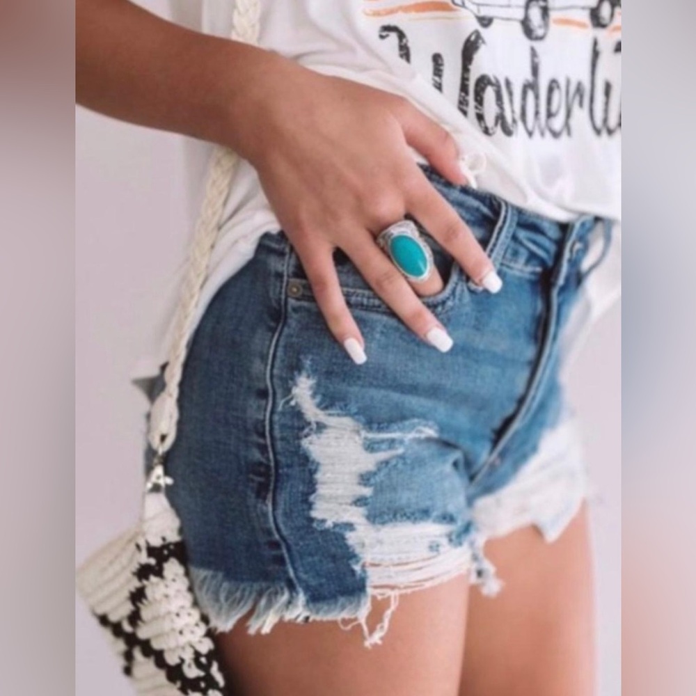 KanCan Dark Wash Distressed Denim Cut Off Jean Shorts - Picture 2 of 7